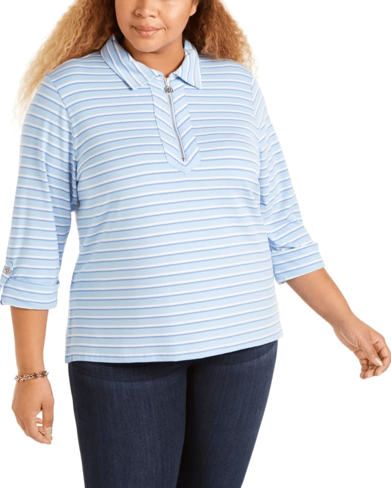 Front of a model wearing a size 1X Tommy Hilfiger Women's Plus Size Smalltriped Zip-Neck Top Blue Size 1X in Blue by Tommy Hilfiger. | dia_product_style_image_id:311609